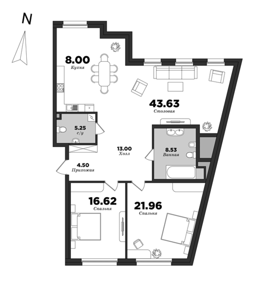 Prioritet, 2 bedrooms, 121.49 m² | planning of elite apartments in St. Petersburg | М16
